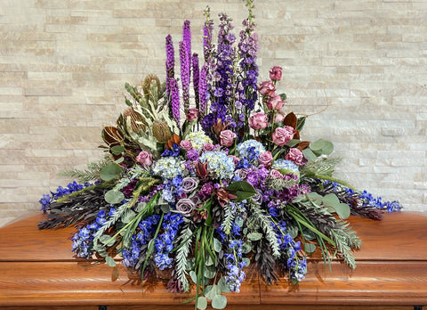 #268 Mountain Twilight Casket Spray – Vertical Style in Lavender, Blue & Plum