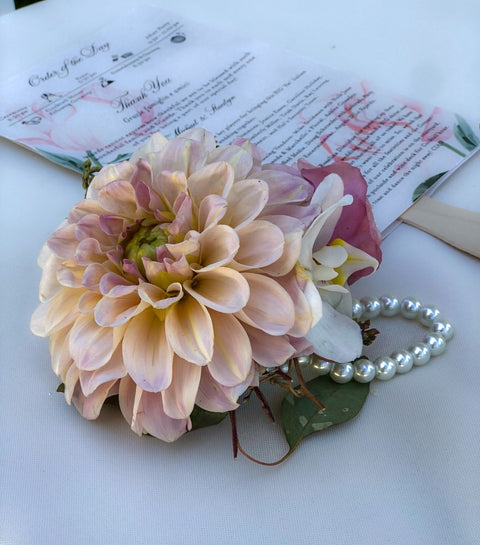 Pastel Dahlia & Pearl Wristlet Corsage