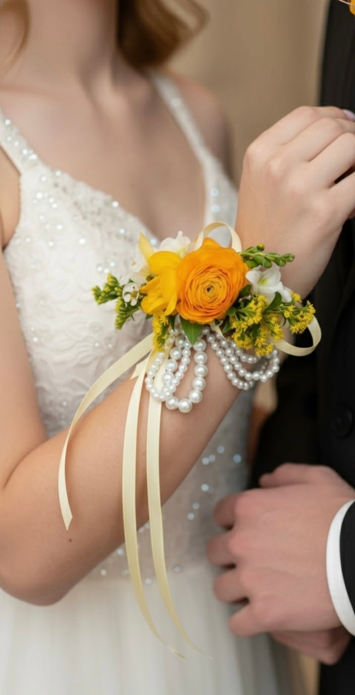 strapless open back dress Yellow and White Wrist Corsage & Boutonniere for Prom – Fresh Flowers –  Marchello's Floral