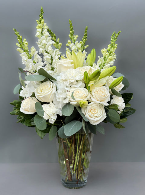 #135 Elegant White Rose & Eucalyptus Vase