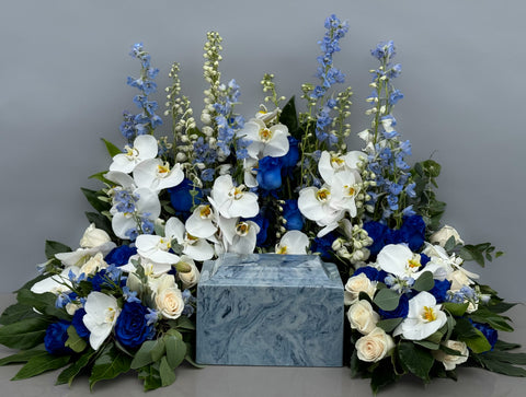 #87 Eternal Peace Blue & White Memorial Urn Wreath with Custom Emblem