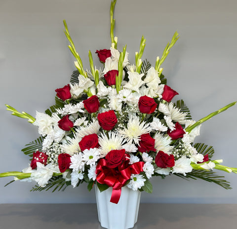 #148 Elegant Red and White Floor Basket