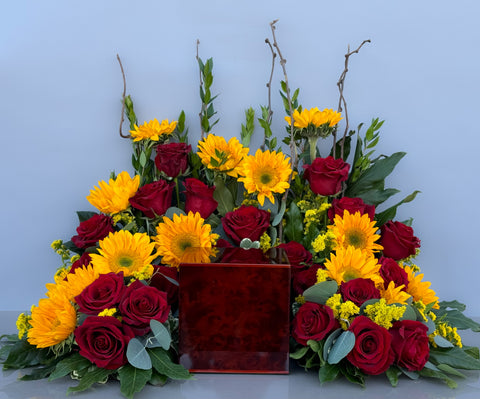 #85 Golden Remembrance Custom Urn Wreath with Sunflowers & Roses