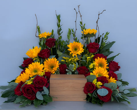 #85 Golden Remembrance Custom Urn Wreath with Sunflowers & Roses