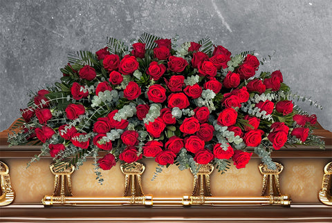 #41 Classic Red Rose & Spiral Eucalyptus Full Casket Spray