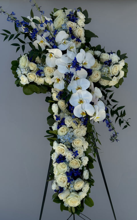#129 Blue and White Rose Standing Cross