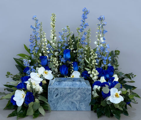 #87 Eternal Peace Blue & White Memorial Urn Wreath with Custom Emblem