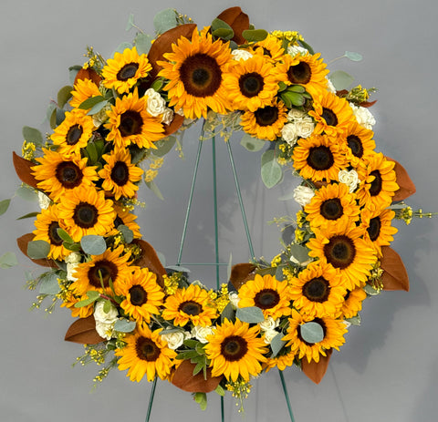 #118 White Spray Rose, Sunflower & Magnolia Standing Wreath