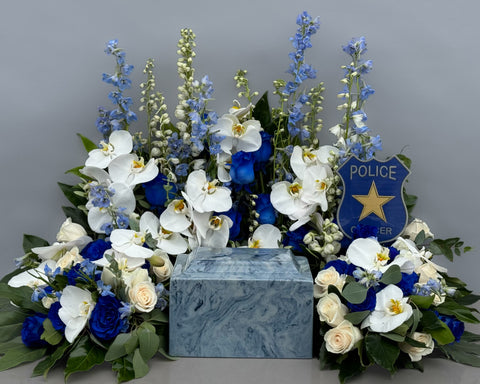#87 Eternal Peace Blue & White Memorial Urn Wreath with Custom Emblem