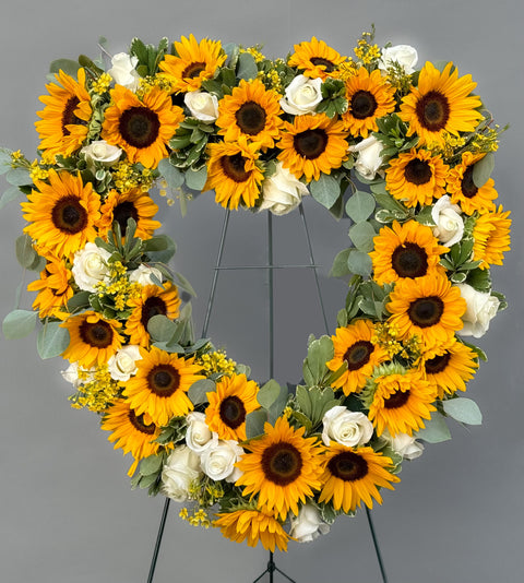 #117 Heart-Shaped Wreath with Roses, Sunflowers & Eucalyptus
