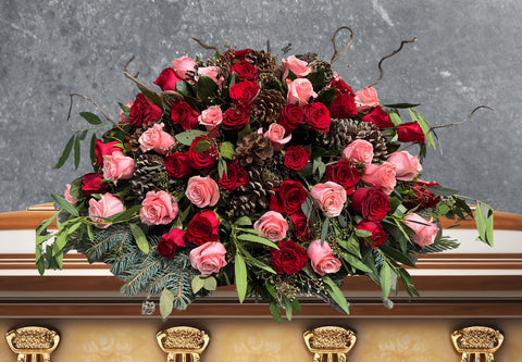 Red & Pink Rose Casket Spray with Pine – Custom Funeral Flowers Colorado