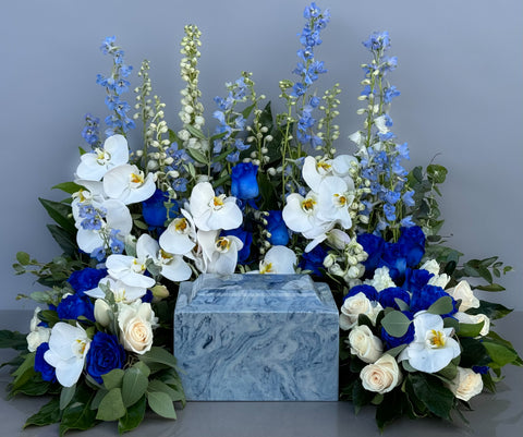 #87 Eternal Peace Blue & White Memorial Urn Wreath with Custom Emblem