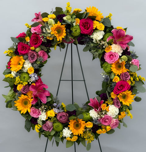 #120 Vibrant Mixed Floral Standing Wreath