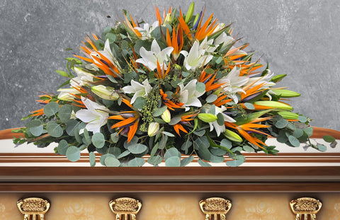 Tropical Devotion Casket Spray with Birds of Paradise and White Lilies