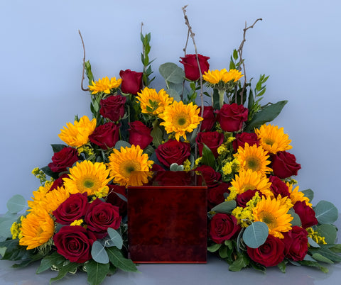 #85 Golden Remembrance Custom Urn Wreath with Sunflowers & Roses