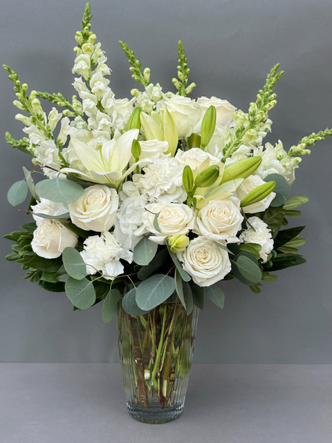#135 Elegant White Rose & Eucalyptus Vase