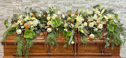 #266 Colorado Natural Elegance Casket Cover – White, Green & Earth-Toned Fresh Flowers
