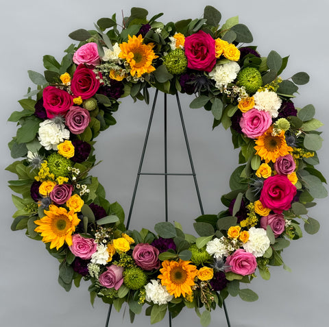 #120 Vibrant Mixed Floral Standing Wreath