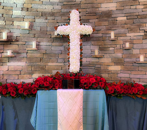 #173 Elegant Red Rose & Magnolia Urn Wreath Set with Table Runner and Cross Display