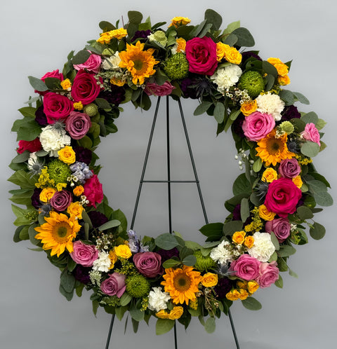 #120 Vibrant Mixed Floral Standing Wreath