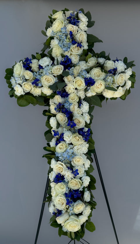 #129 Blue and White Rose Standing Cross