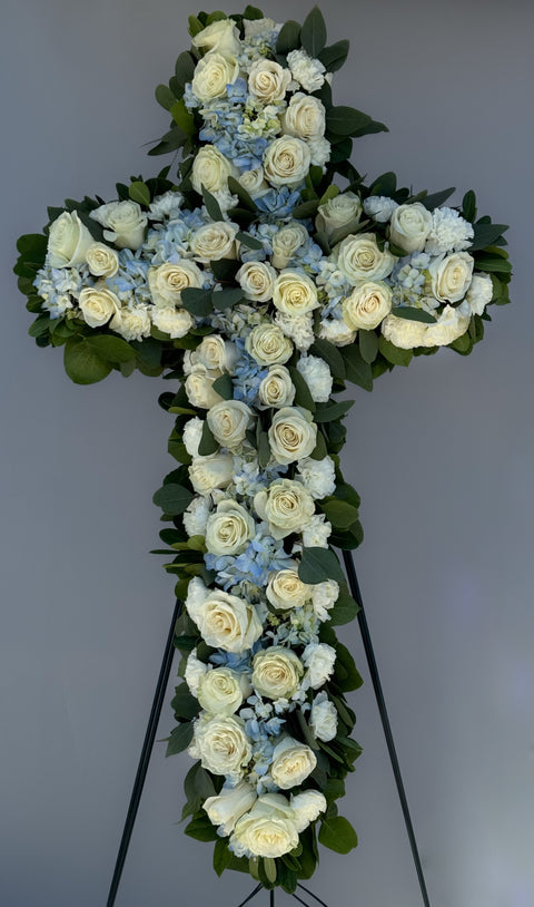 #129 Blue and White Rose Standing Cross
