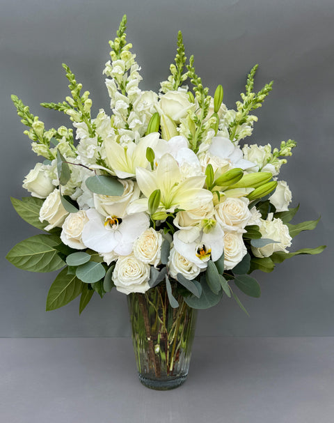 #135 Elegant White Rose & Eucalyptus Vase