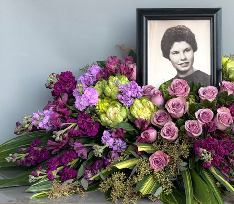 #204 In Bloom Photo Tribute Half Casket Cover