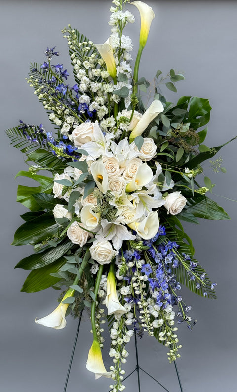 #126 White & Blue Calla Lily Standing Spray