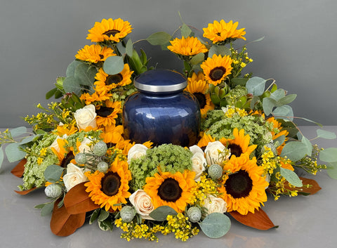 #92 Sunlit Memories Memorial Urn Wreath with Cheerful Sunflowers