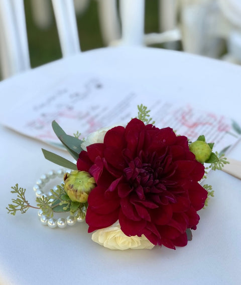 Burgundy Dahlia & Pearl Wristlet Corsage