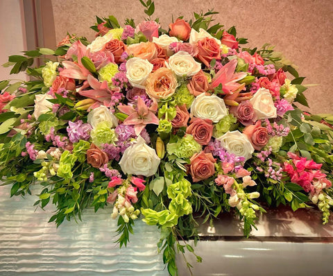 Garden-Inspired Casket Spray with Roses, Lilies & Mixed Blooms
