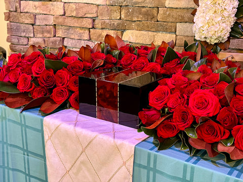 #173 Elegant Red Rose & Magnolia Urn Wreath Set with Table Runner and Cross Display