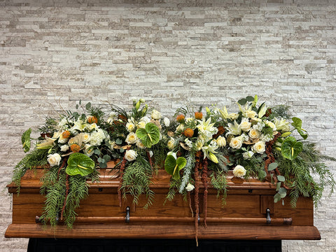#266 Colorado Natural Elegance Casket Cover – White, Green & Earth-Toned Fresh Flowers