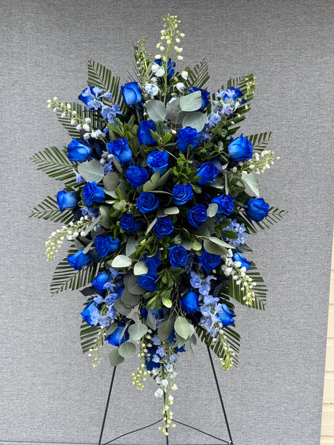 Blue Rose Memorial Standing Spray – Elegant Funeral Flowers for Colorado Services