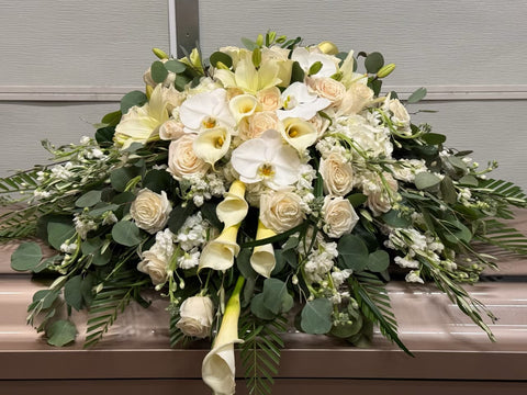 Elegant White Casket Spray – Roses, Calla Lilies & Orchids | Colorado Funeral Flowers