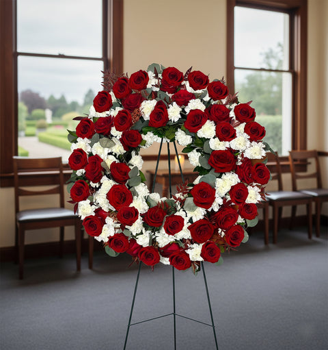 #113 Red Rose & White Carnation Wreath