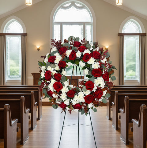 #113 Red Rose & White Carnation Wreath