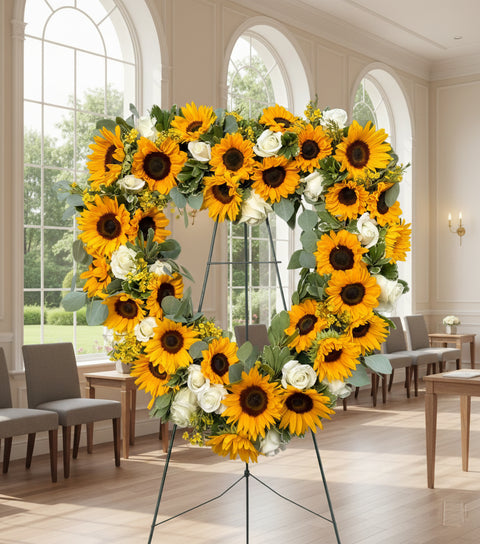 #117 Heart-Shaped Wreath with Roses, Sunflowers & Eucalyptus