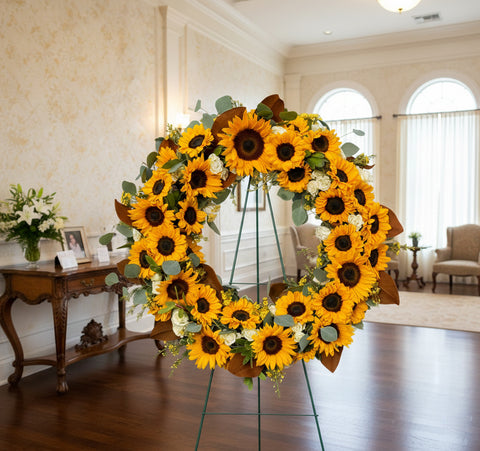 #118 White Spray Rose, Sunflower & Magnolia Standing Wreath