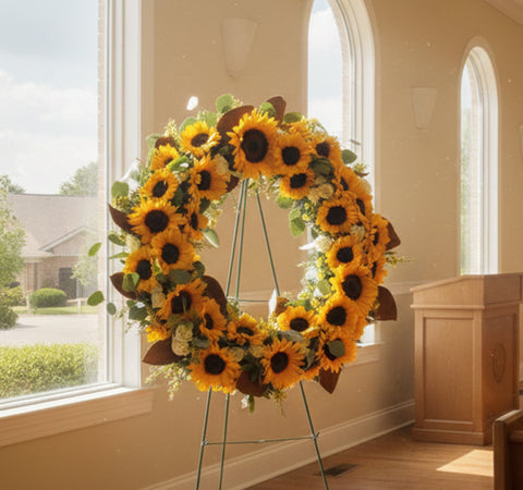 #118 White Spray Rose, Sunflower & Magnolia Standing Wreath