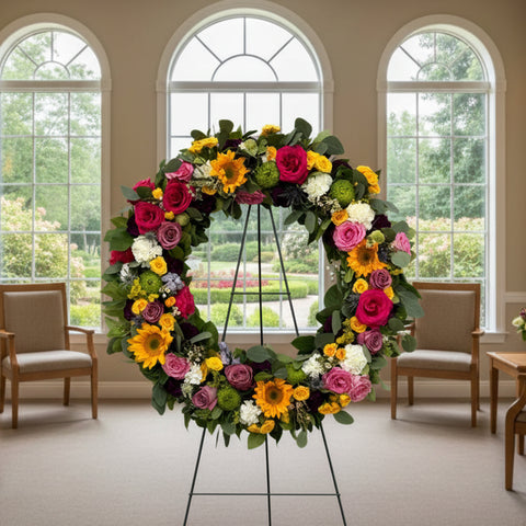 #120 Vibrant Mixed Floral Standing Wreath