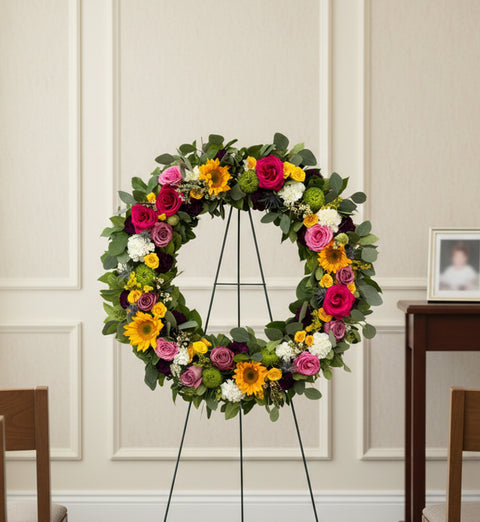 #120 Vibrant Mixed Floral Standing Wreath