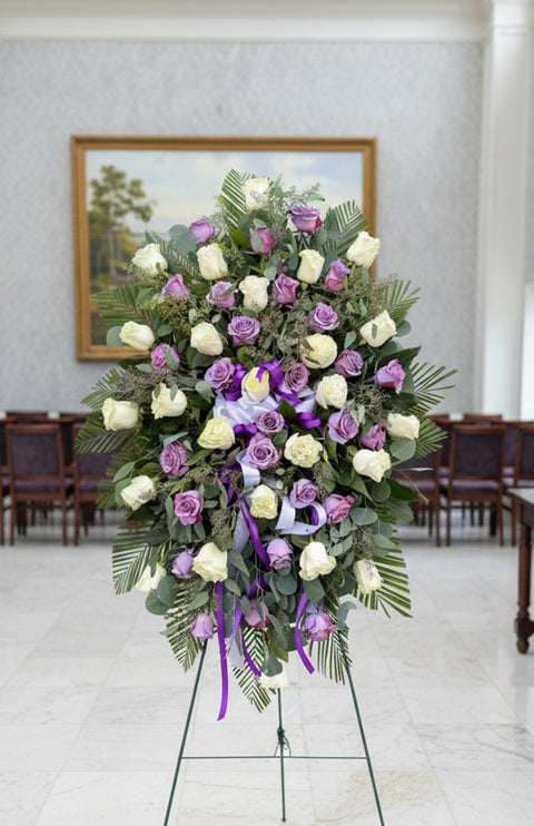 lavender flower spray 123 Lavender & White Rose Standing Spray – Marchello's Floral