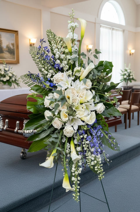 blue and white calla lily bouquet 126 White & Blue Calla Lily Standing Spray – Marchello's Floral