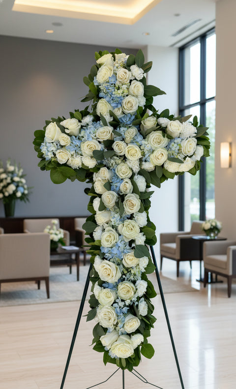 #129 Blue and White Rose Standing Cross