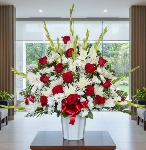 #148 Elegant Red and White Floor Basket