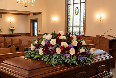 #16 Eternal Grace Half Casket Spray – Burgundy, Royal Purple & Ivory Rose Arrangement