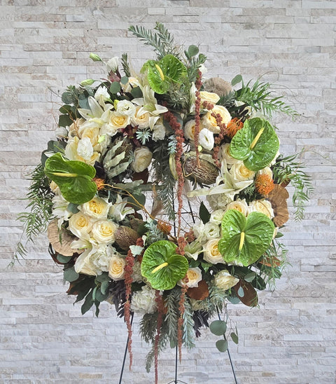 #274 Contemporary Green Anthurium & Rose Standing Wreath - Luxury Funeral Tribute