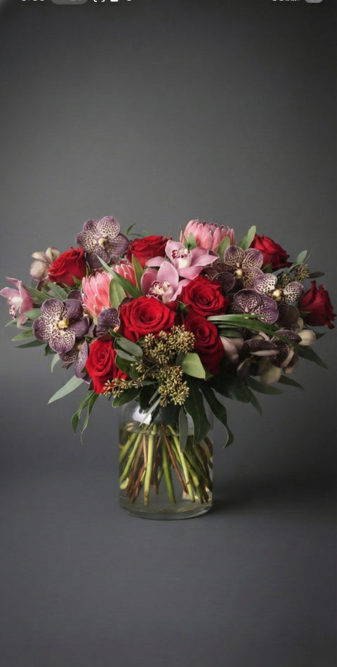 Vanda Romance – Luxury Purple Orchid & Crimson Rose Masterpiece